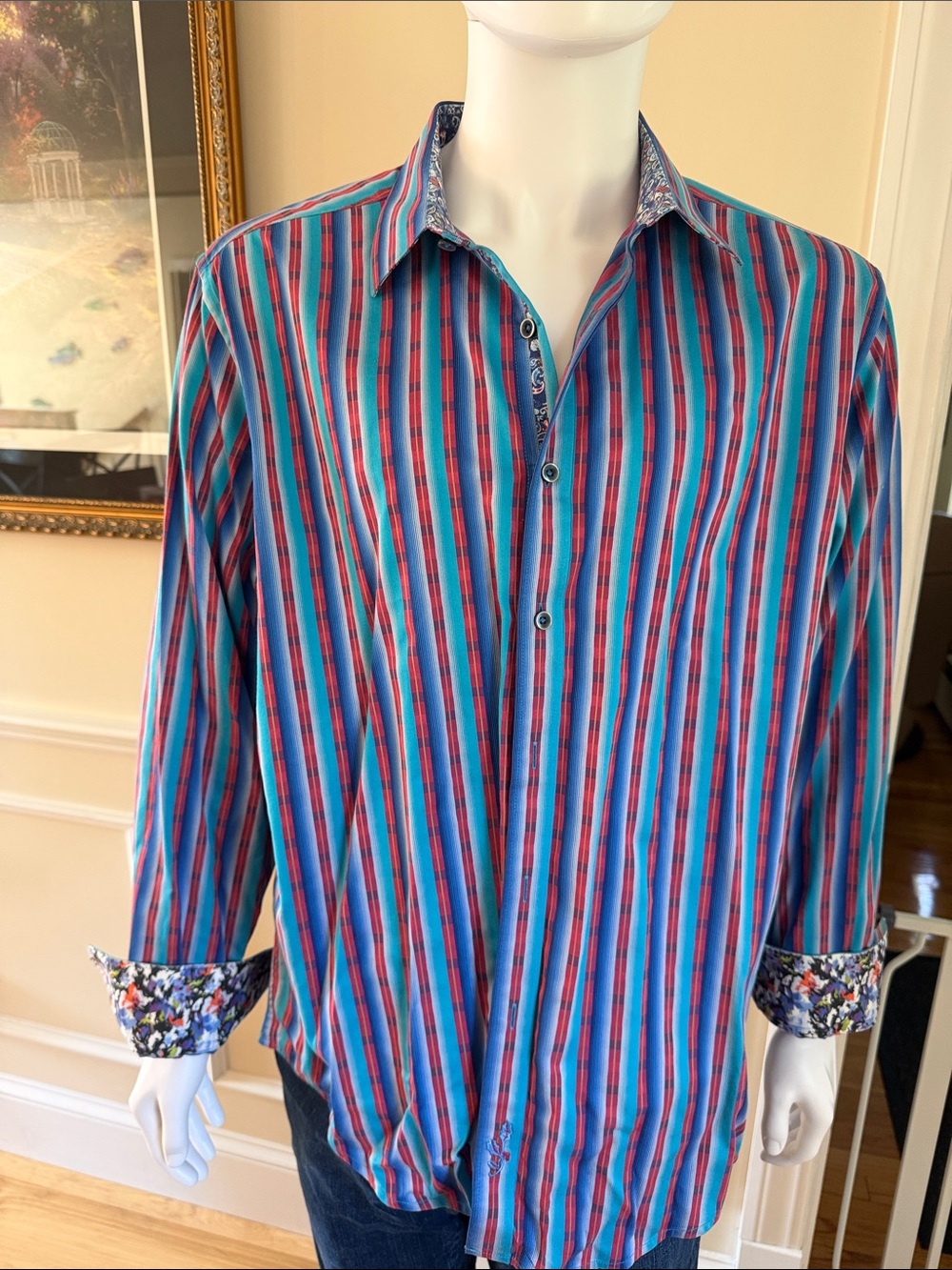 Robert Graham Turquoise, Blue & Red Vertical Stripe Button-Down Shirt